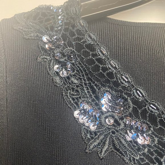 NWT Black Crochet Knit Trim with Sequins Long Sleeve Sweater Size Medium - Picture 3 of 8